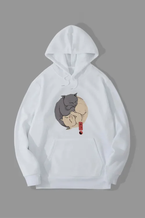 Yin Yang Kedi Baskılı Sweatshirt Hoodie