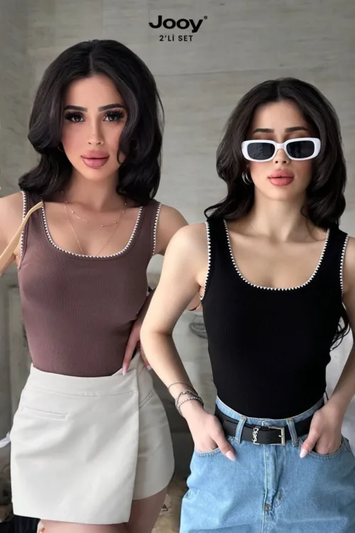 2’li Ekonomik Paket Nakış Detaylı %100 Pamuklu Kalın Askılı Bluz Atlet