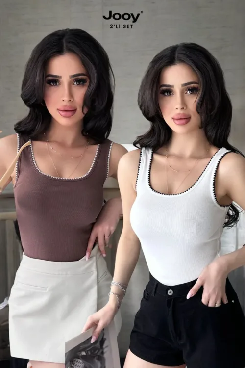 2’li Ekonomik Paket Nakış Detaylı %100 Pamuklu Kalın Askılı Bluz Atlet