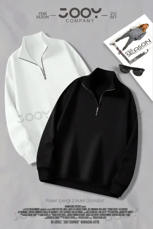 Düz Yarım Fermuarlı Sweatshirt Siyah – Beyaz 2’li Kampanya Set