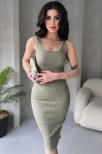 Nakış Detaylı %100 Pamuklu Kalın Askılı Elbise-alttext1