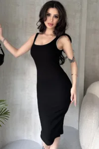 Nakış Detaylı %100 Pamuklu Kalın Askılı Elbise-alttext1