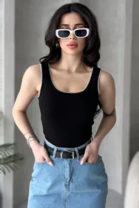 Nakış Detaylı Kalın Askılı Bluz Atlet %100 Pamuklu-alttext1