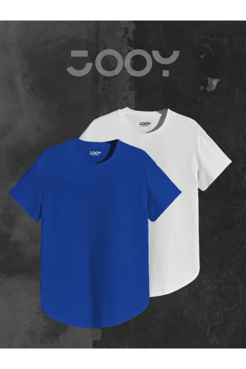 Saks Mavi – Beyaz 2’li Set Düz Baskısız Slim Fit Oval Kesim Tshirt
