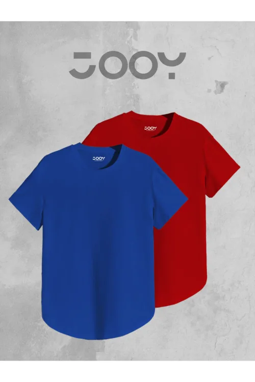 Saks Mavi – Kırmızı 2’li Set Düz Baskısız Slim Fit Oval Kesim Tshirt