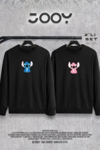 Stitch Tasarım Sevgili Çift Kombini Bisiklet Yaka Sweatshirt 2'li Set-alttext1