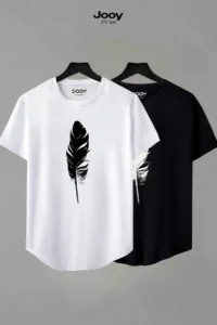 Unisex Siyah Beyaz Oval Kesim Tüy Tasarım Tshirt Ikili Set-alttext1