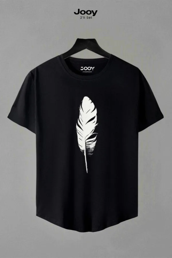 Unisex Siyah Beyaz Oval Kesim Tüy Tasarım Tshirt Ikili Set-alttext4