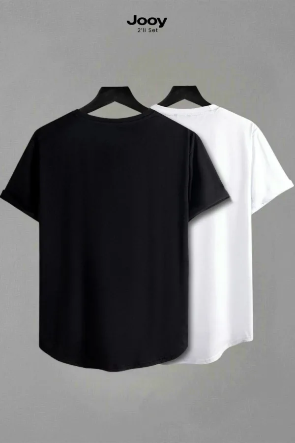 Unisex Siyah Beyaz Oval Kesim Tüy Tasarım Tshirt Ikili Set-alttext5