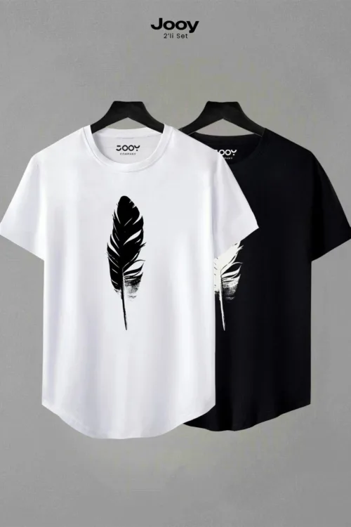 Unisex Siyah Beyaz Oval Kesim Tüy Tasarım Tshirt Ikili Set